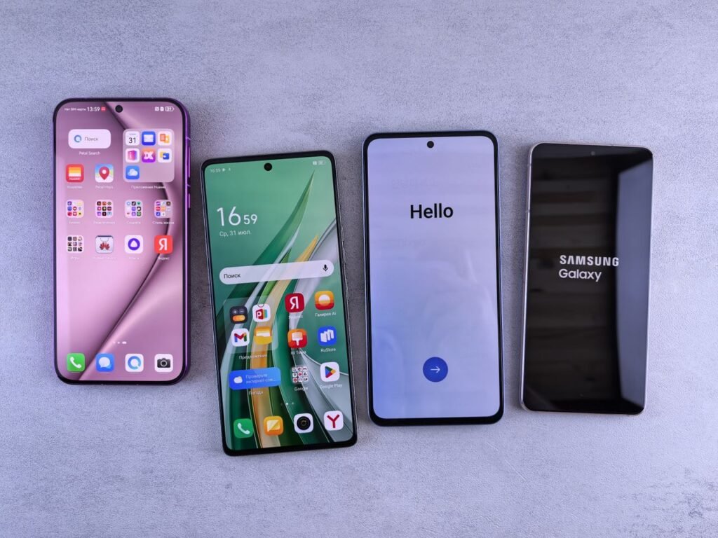 Four modern smartphones showcasing home screens, applications, and startup logos on a sleek surface.